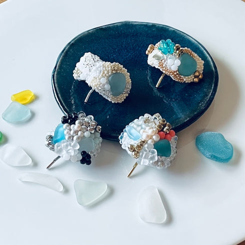 ポニーフック つぶつぶビーズ✖️シーグラスのヘアアクセサリー琵琶湖グラス
